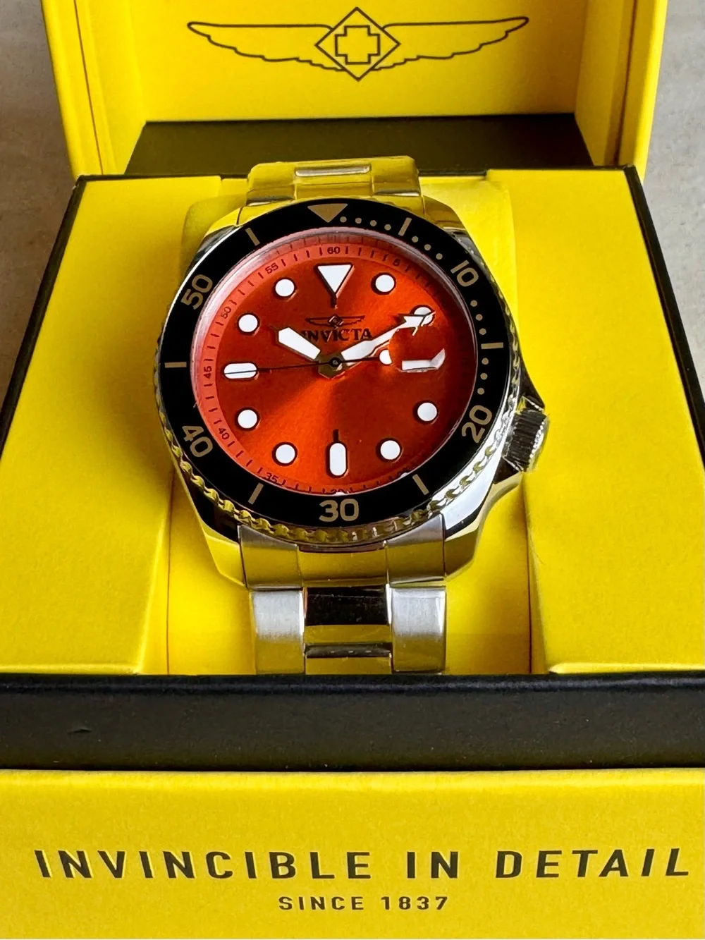 Invicta Pro Diver Orange Dial Black Bezel 46mm Quartz Watch 47159 NWT